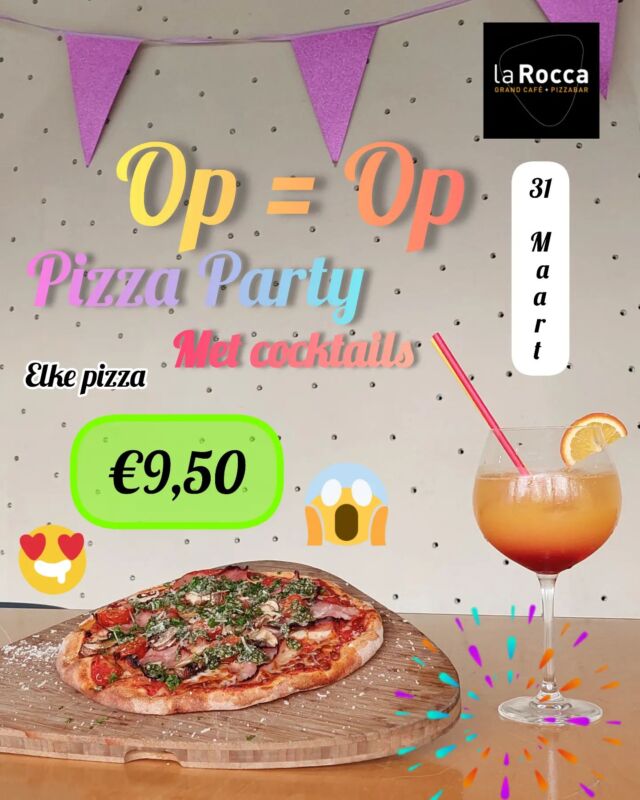 31 maart is het zo ver! De laatste dag van La Rocca en de op = op pizza party met cocktails. Een feestje vanaf 12:00 en duurt tot alles op is. De bar blijft tot 8 uur open. Daarna gaan we met het personeel nog een feestje vieren. 🤫