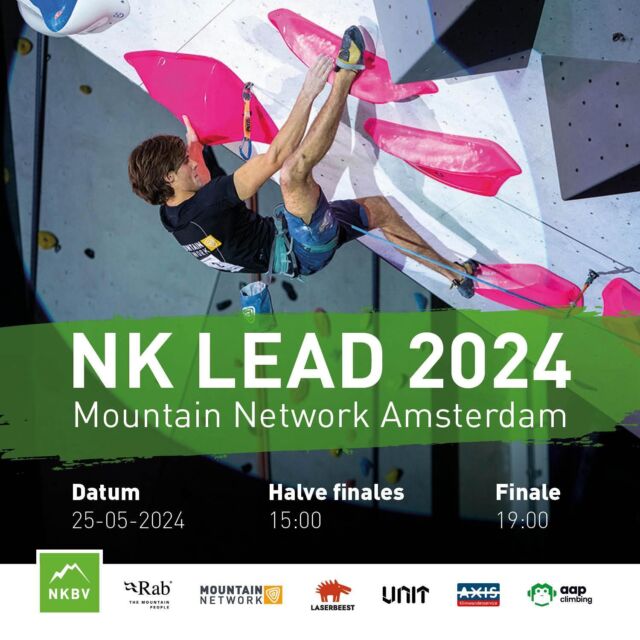 Nog een week! Op zaterdag 25 mei organiseren wij samen met de @_nkbv het Nederlands Kampioenschap lead bij @mountainnetworkamsterdam om 15:00 uur starten de halve finales van en dit is gratis voor toeschouwers. Om 19:00 starten de 6 beste mannen en 6 beste vrouwen bij de finale. Hiervoor heb je wel een kaartje nodig, deze kan je kopen op de website van de NKBV (link in bio). Kom sowieso langs! Het belooft een spektakel te worden. @unit_holds @aapclimbing @axisklimwandenservice