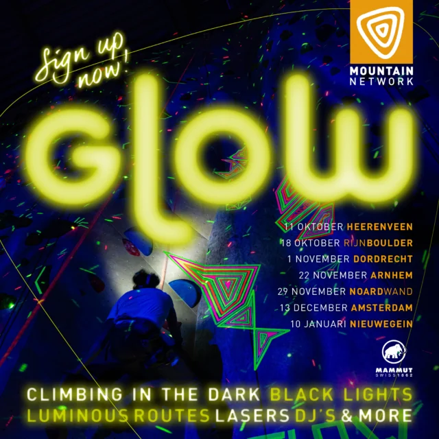 💡 GLOW 💡

Ons klassieke evenement GLOW is terug, en wel op alle locaties. Tijdens GLOW ziet de klim- en boulderhal er niet zo uit als je gewend bent. Om te beginnen staan de lampen uit en is het donker. Door middel van blacklights zullen routes oplichten, kunstwerken, versieringen en jouw gekste outfit zichtbaar worden. De DJs nemen je mee op een trip door ons sterrenstelsel, met als eindstation een goede afterparty. Neem je spacy vibes mee, een outfit uit het jaar 2093 en je intergalactic friends.

Boek nu je ticket via de link in bio!

Wanneer?

Heerenveen - vrijdag 11 oktober
RijnBoulder - vrijdag 18 oktober
Dordrecht - vrijdag 1 november
Arnhem - vrijdag 22 november
Noardwand - vrijdag 29 november
Amsterdam - vrijdag 13 december
Nieuwegein - vrijdag 10 januari

Kosten

Leden: gratis
Niet-leden: 20,-