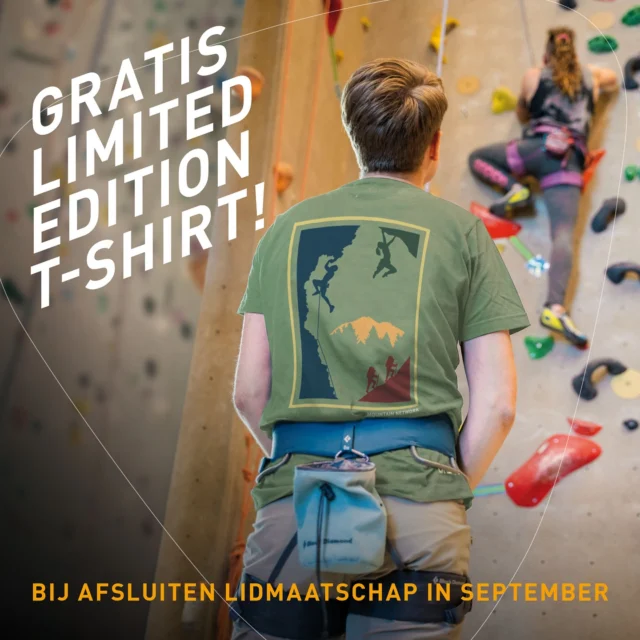 Nieuwe actie!! 

Sluit in de maand september een lidmaatschap af en krijg een gratis limited edition T-shirt! 

Op=op
De actie is geldig zolang de voorraad strekt! 
.
.
.
#noardwand #mountainnetwork #climbing