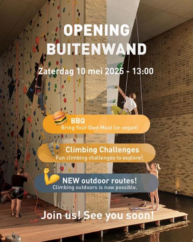 OPENING OUTDOOR WALL 10 MAY 
Climbing and grilling from 13:00

In three days we will open the outdoor wall! 

🧗‍♀️Loads of awesome new routes will be available
☀️The sun will be out (bring sunscreen!)
🔥We will set up a BBQ for you to grill your own food! 

Bring all your friends, familiy and favourite BBQ foods! We will set up a meat and a veggie / vegan section to let everyone grill and eat what they prefer! 🍖🥦🥓🥗

⏱️Skip ‘boterhammen’ for lunch, we will fire up the BBQ at 13:00, to have an afternoon filling climbing and grilling session! 

See you saturday ✨