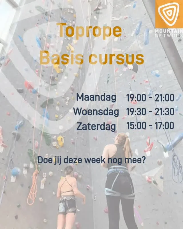 Hey jij daar!
Altijd al willen leren klimmen? Doe dan mee met onze inloop Toprope-cursus! Tijdens deze cursus leer je alles wat je nodig hebt om zelfstandig en veilig te kunnen topropen met vrienden. Aan het einde van de cursus ontvang je zelfs een officiële NKBV klimvaardigheidsbewijs.

Je kunt elke maandag, woensdag en zaterdag instappen in de cursus. Meedoen kan eenvoudig door een lidmaatschap af te sluiten of een cursusstrippenkaart aan te schaffen.

Komt het jou niet uit om elke maandag te klimmen? Geen probleem! Na aankoop van je cursus of lidmaatschap kun je jezelf via Sportivity inschrijven op de cursusdata die jou het beste uitkomen. We raden wel aan om niet te veel tijd tussen de lessen te laten vallen — maar een weekje overslaan is natuurlijk geen enkel probleem.

Link in bio,.

#climbing #mountainnetwork #climber #topropeclimbing #toprope #leadclimbing #nccn  #klimmen #klimmer #boulder #boulderhal