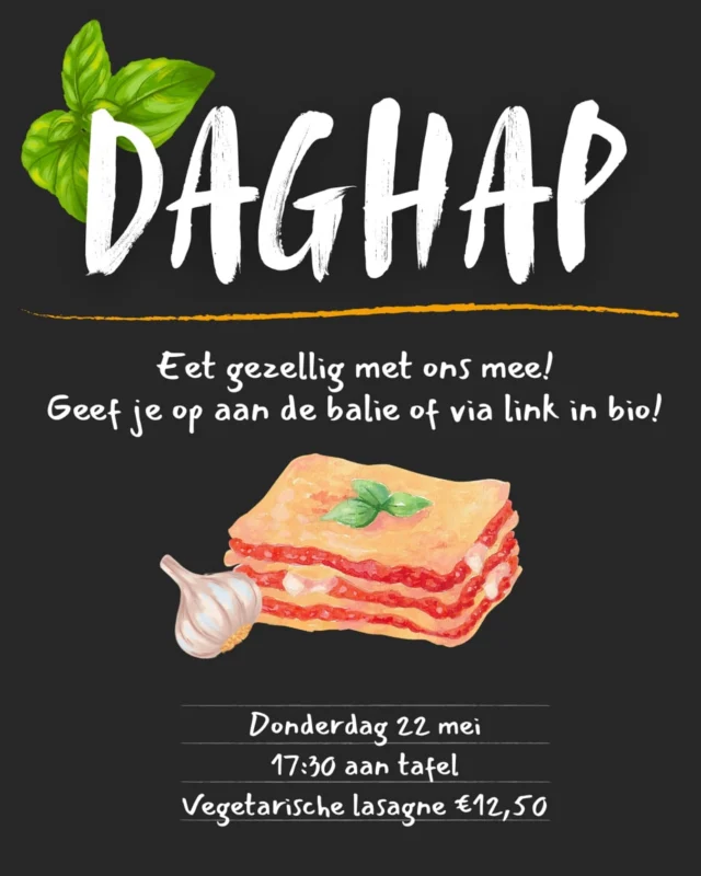 Terug van weg geweest is de daghap!

Aankomende donderdag 22 mei om 17:30 beginnen we weer met de daghap. Met deze keer een vegetarische lasagne op het menu. 

De daghap zal deze zomer om de week zijn!

Je kan je opgeven via de link in onze bio! 
.
.
.
#noardwand #mountainnetwork #climbing #food